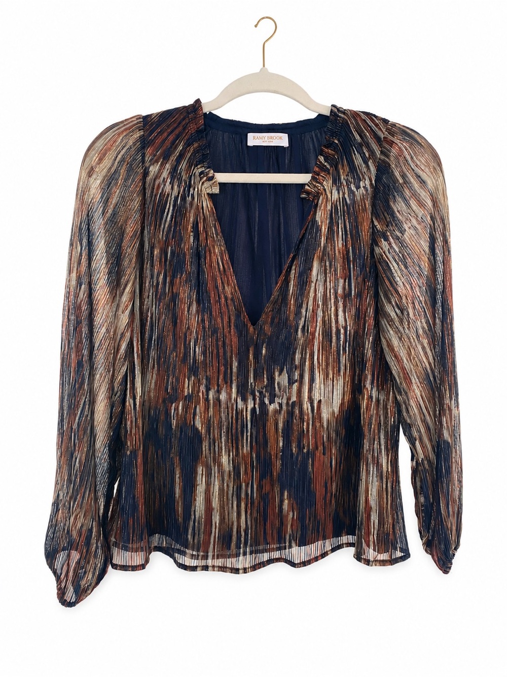 Ramy Brook Navy and Copper Metallic Pleated V-Neck Blouse